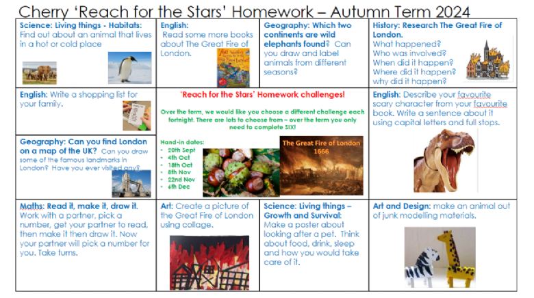 Cherry Class Autumn Term Reach for the Stars Homework Grid